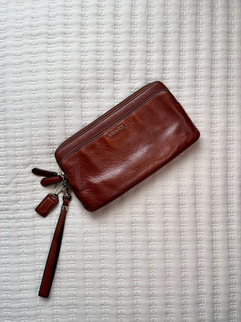 Coach Redwood Brown Pebbled Leather Double Zipper Wallet Wristlet